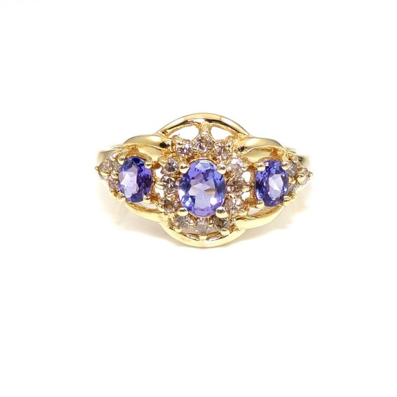 14K Yellow Gold Purple Tanzanite Diamond Halo Three Stone Ring Size 7.25